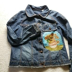 CJ Blue Jacket Womens Medium Blue Denim Hand Painted Sunflower Button Pockets
